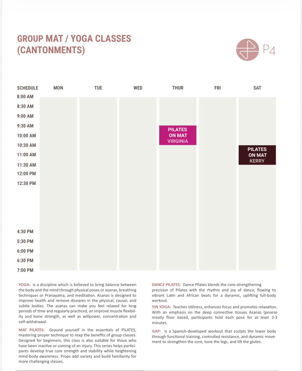 Scheduled calendar for Mat and Yoga classes